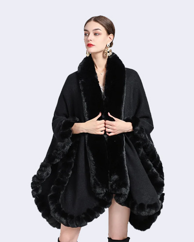 Women Cloak Coats Capes Mid Length Fur Collar Ponchos